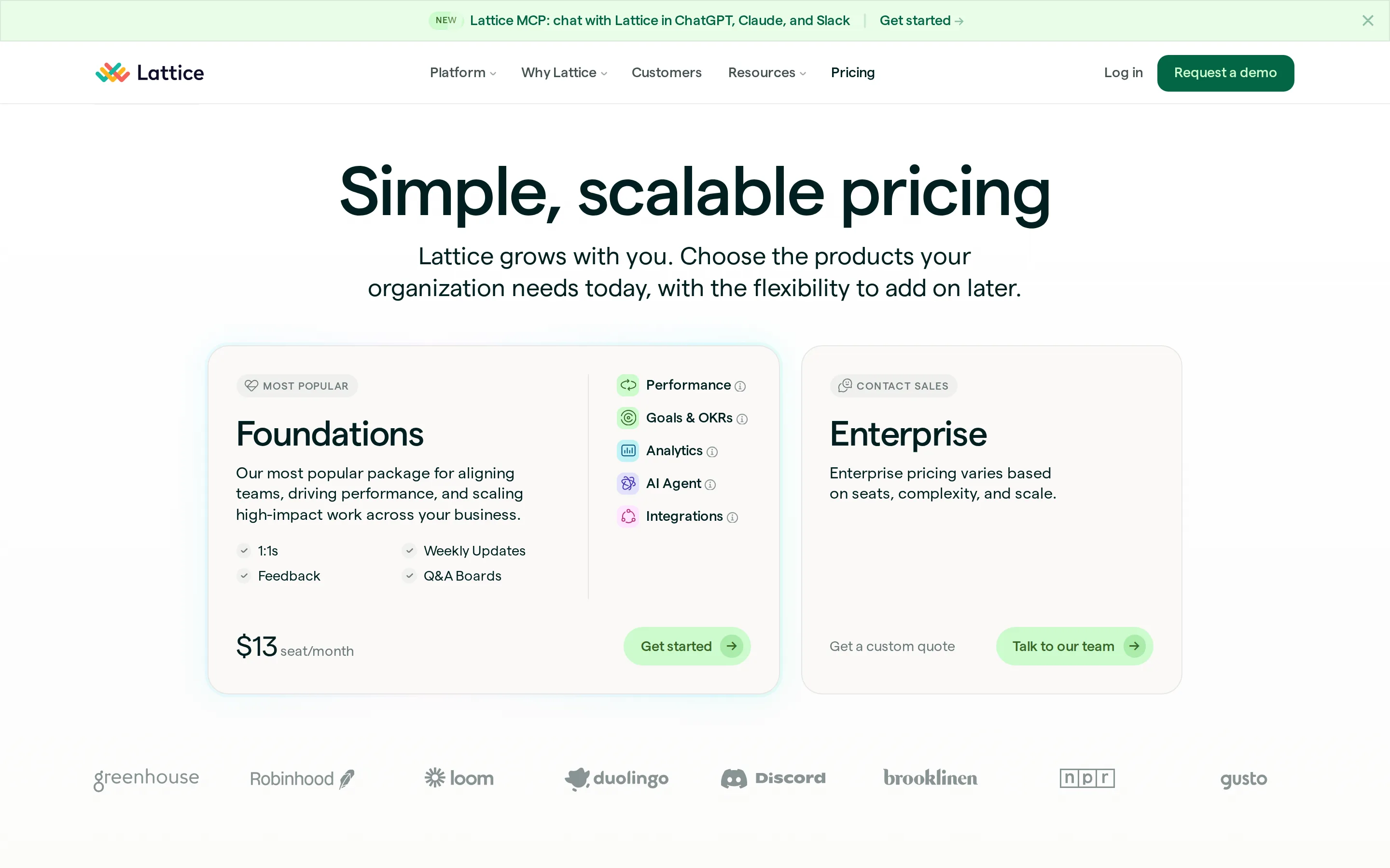 Lattice's pricing page as it appeared on August 3, 2026