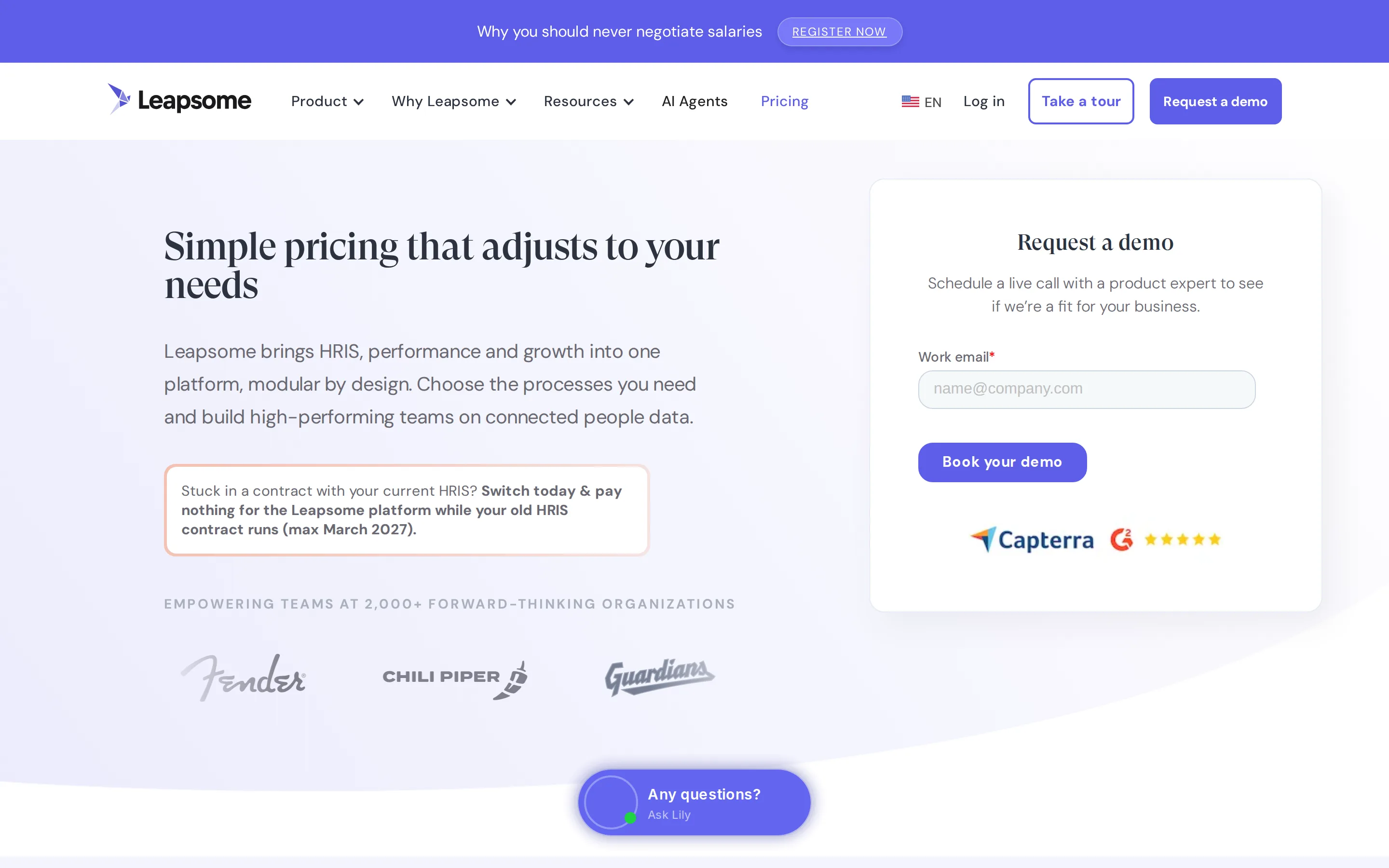 Leapsome's pricing page as it appeared on August 3, 2026