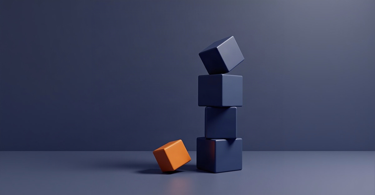 Abstract illustration for this edition: a stack of blocks with one fallen off beside it, in the TeamPredict palette. Decorative art marking a day dominated by job cuts.