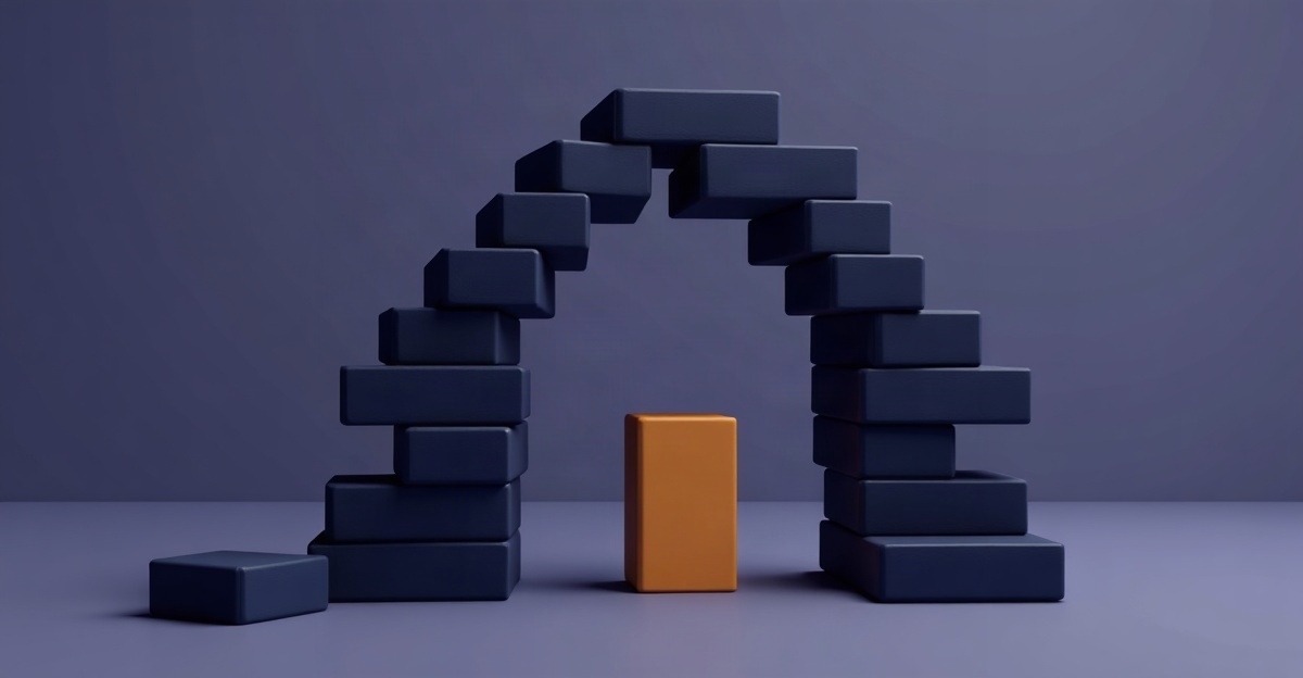 Abstract illustration for this edition: a stone arch with one block resting on the ground beside it, in the TeamPredict palette. Decorative art marking a day dominated by job cuts.