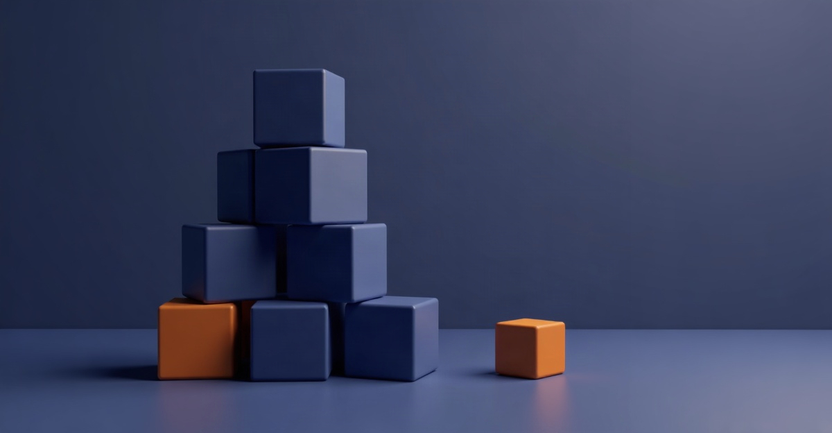 Abstract illustration for this edition: a stack of blocks with one fallen off beside it, in the TeamPredict palette. Decorative art marking a day dominated by job cuts.