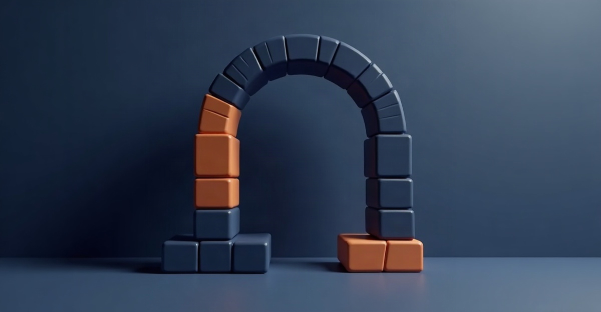 Abstract illustration for this edition: a stone arch with one block resting on the ground beside it, in the TeamPredict palette. Decorative art marking a day dominated by job cuts.